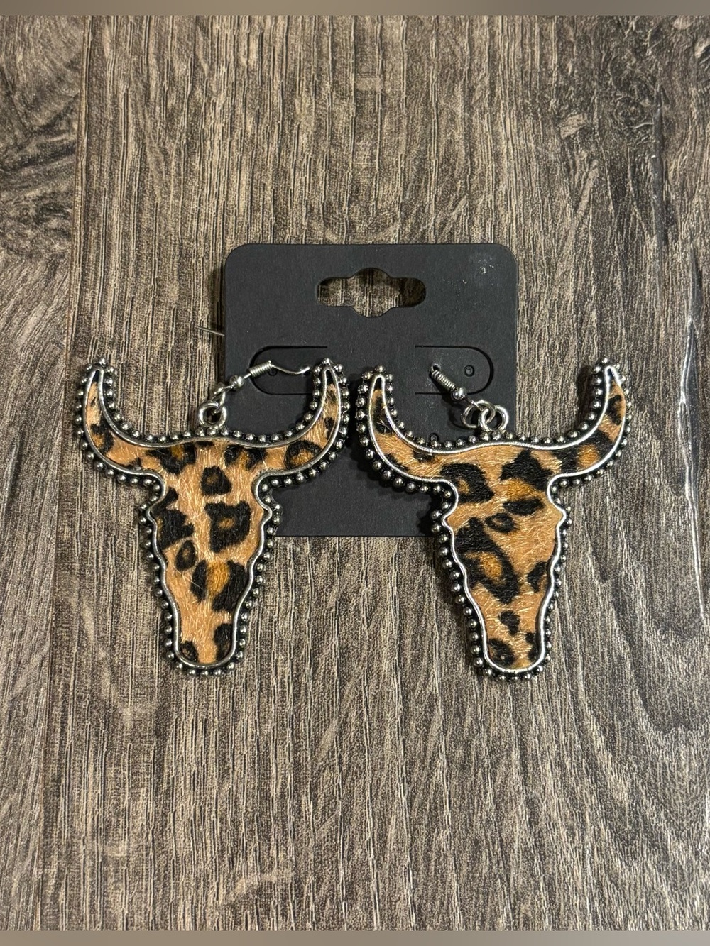 Leopard Print Cow Hide Longhorn Dangle Drop Earrings Western Cowboy Core